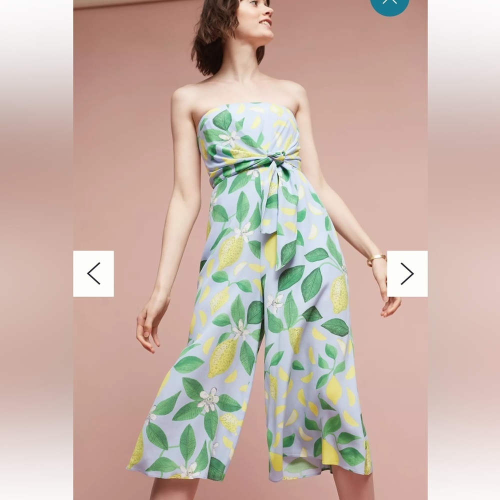 Maeve Strapless Lemon Print Jumpsuit in Light Blue, Yellow & Green